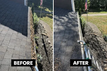 Before and after: gutter cleared of leaves and debris
