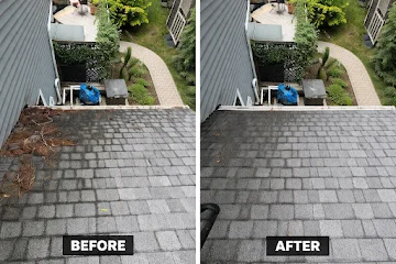 Before and after: gutter and roof edge cleared of debris