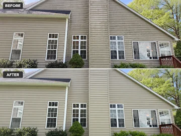 Before and after: two-story home siding soft-washed clean