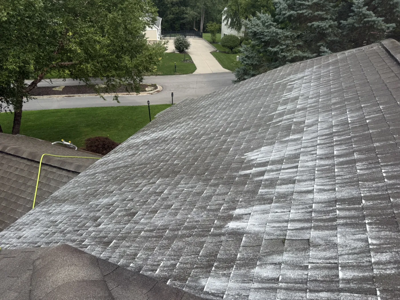 Roof soft-washing removing algae streaks